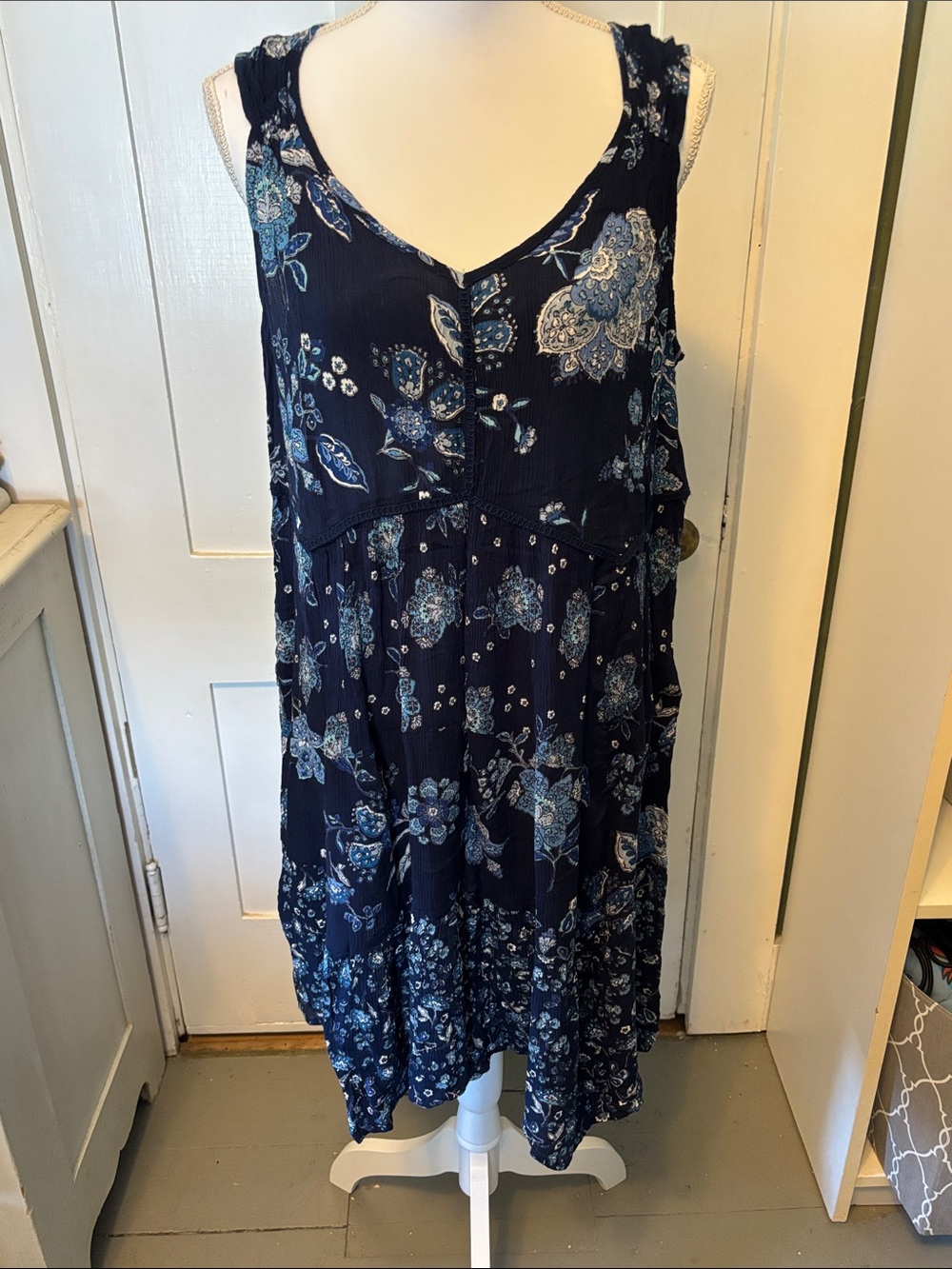Bila Navy and Light Blue Floral V-Neck Dress